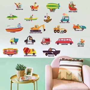 Cartoon transportation wall decals with helicopter, digger and police car in a nursery setting