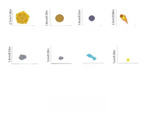 Detailed view of various outer space theme glow stickers with specific size dimensions