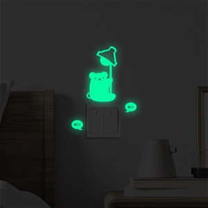 Close-up of luminous cartoon bear wall sticker with ON/OFF glow icons on light switch