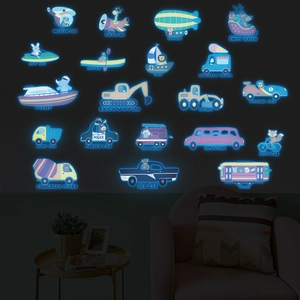 Luminous wall stickers set with 20 glow-in-the-dark cartoon vehicles for kids room