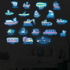 Luminous cartoon vehicle wall stickers showing glowing animal pilots in a dark kids room