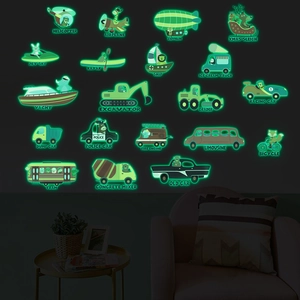 Luminous wall stickers featuring 20 cartoon transport vehicles glowing in the dark