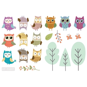 Glow in the dark owl wall stickers set with green trees for kids room decor