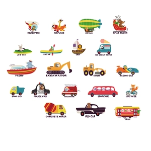 Luminous cartoon animal transportation wall stickers for kids room featuring 20 colorful vehicles