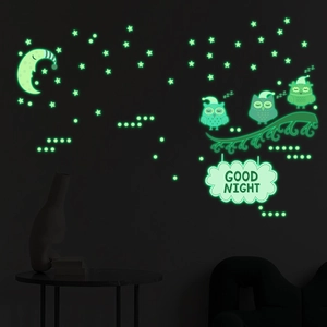 Luminous owl and stars wall stickers glowing in the dark for kids room decor