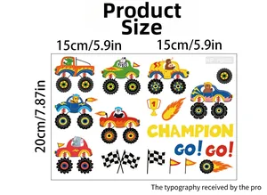Détail des stickers camions monstres animaux avec dimensions et spécifications du produit
