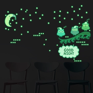 Luminous wall stickers showing glowing owls, moon and stars in a dark bedroom