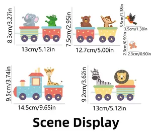 Detailed dimensions of cartoon animal train wall stickers for nursery decor in cm and inches