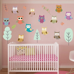 Cute cartoon owl wall stickers set for nursery room with trees and butterflies