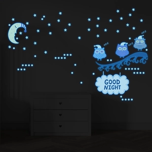 Luminous wall sticker set featuring glowing blue owls moon and stars for nursery decor