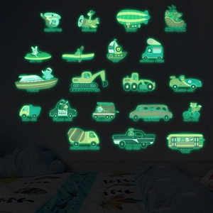 Glow in the dark cartoon vehicle wall stickers for kids room featuring 20 neon transport designs