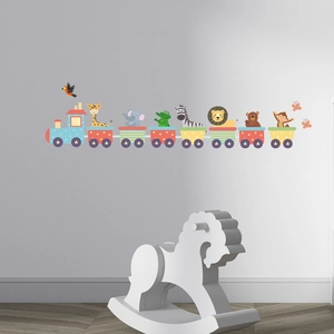 Detailed view of cartoon animal train wall stickers for kids nursery room decoration
