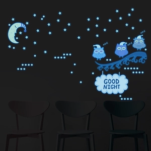 Glow In The Dark Wall Stickers Cartoon Owl Moon Star Luminous PVC Wall Decals For Kids Bedroom Home Decor