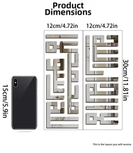 Detailed size chart of 3D acrylic mirror wall stickers with phone scale reference