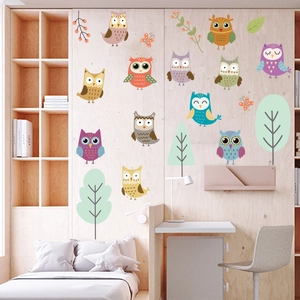 Luminous cartoon owl wall stickers with tree and butterflies for kids room decor