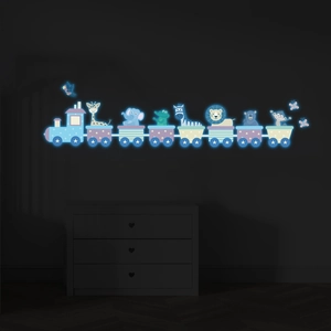 Luminous cartoon animal train wall stickers glowing in a dark kids bedroom