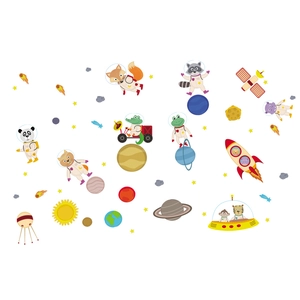 Luminous cartoon space wall stickers with animals, rockets and planets for kids room decoration