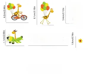 Detailed dimensions of cartoon giraffe wall stickers showing various sizes in cm and inches