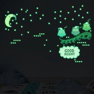 Luminous cartoon owl and moon wall stickers for kids bedroom decor glowing in the dark