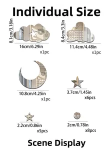 Detailed dimension guide for silver acrylic mirror wall stickers with moon and star shapes