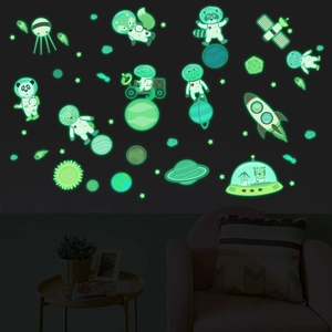 Glow in the dark space astronaut animal wall stickers with rockets and planets set
