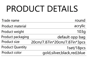 Detailed specifications chart for round acrylic mirror wall stickers with size and color options