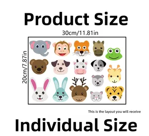 Feuille de stickers muraux animaux lumineux avec 15 têtes de dessins animés, 30cm x 20cm