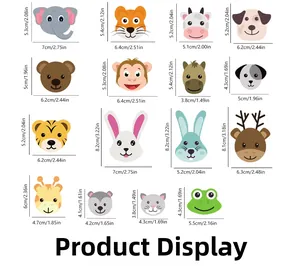 Tableau des tailles pour 16 stickers muraux animaux mignons avec dimensions en cm et pouces