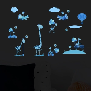 Luminous blue giraffe wall stickers set glowing in the dark for nursery decor
