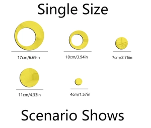 Detailed size chart for yellow acrylic mirror wall stickers in ring and circle shapes
