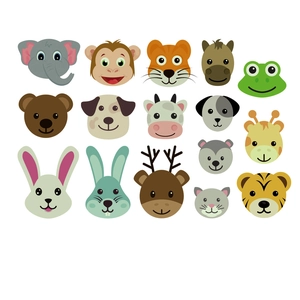 Détail de divers autocollants mignons de têtes d'animaux pour décoration murale enfant
