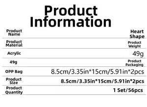 Detailed specifications of heart acrylic mirror wall stickers with size and color options