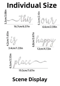 Dimensions détaillées des stickers muraux en acrylique argenté avec citation décorative