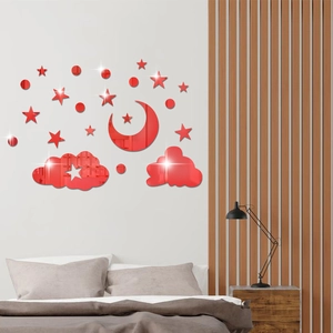 Red acrylic mirror wall stickers with moon stars and clouds for modern bedroom decoration