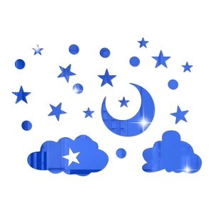 Blue mirrored 3D star moon and cloud wall stickers with reflective surface for decor