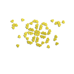 Detail of yellow acrylic heart mirror wall stickers forming a clover shape on white background