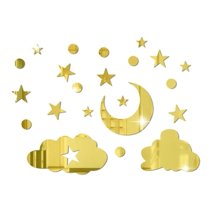 Detailed view of golden mirror acrylic wall stickers with moon and star shapes