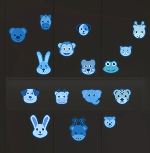 Stickers muraux lumineux avec têtes d'animaux mignons brillant en bleu la nuit