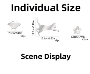 Dimensions détaillées des stickers muraux en acrylique miroir chat, papillon et fleurs