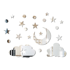 Detail of 3D acrylic mirror wall stickers featuring crescent moon, stars and clouds