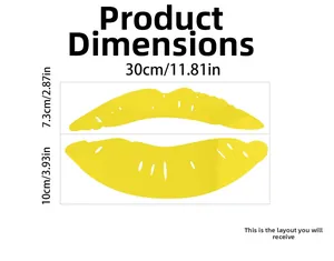 Size chart for red lips acrylic mirror wall sticker showing layout and measurements