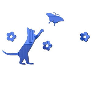 Stickers muraux miroir en acrylique bleu avec chat bondissant, papillon et fleurs
