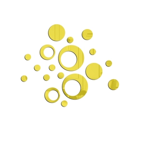 Macro detail of yellow acrylic mirror wall stickers with reflective surface and round shapes