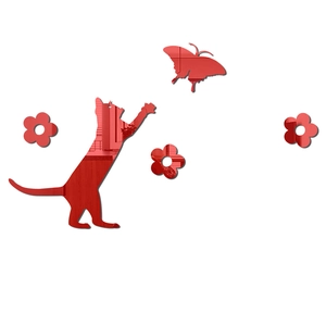 Stickers muraux en acrylique miroir rouge avec chat, papillon et fleurs décoratives