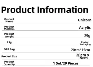 Detailed specifications for acrylic unicorn wall sticker set with 29 pieces and dimensions