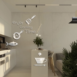 Detail of 3D acrylic mirror wall stickers with Enjoy Cooking Time text and kitchen utensils