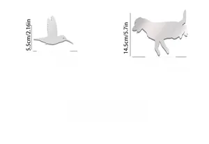 Detailed dimension guide for dog and hummingbird silver mirror acrylic wall stickers