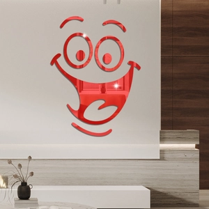 Modern red mirror acrylic wall sticker set with a creative cartoon smiley face design