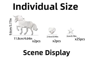 Mirror unicorn and star wall sticker set with detailed size dimensions in centimeters