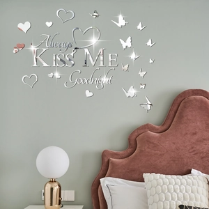Silver mirror wall sticker featuring Always Kiss Me Goodnight with hearts and butterflies